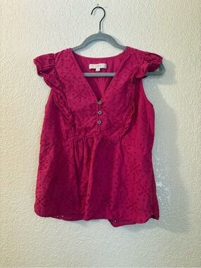 LOFT Pink Eyelet Ruffle V-Neck Sleeveless Top XS